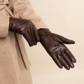 Selena (brown) – Sheepskin leather gloves with diamond pattern and touchscreen feature 8
