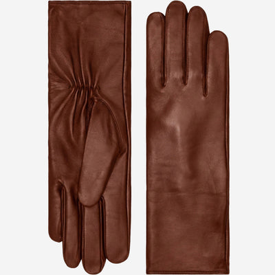 Skylar (brown) – Extra-long sheepskin leather gloves with wool/cashmere lining & touchscreen capability