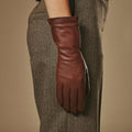 Skylar (brown) – Extra-long sheepskin leather gloves with wool/cashmere lining & touchscreen capability 8