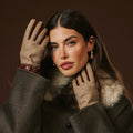 Violetta (brown) - Italian tweed women's gloves with touchscreen capability and adjustable snap button 1