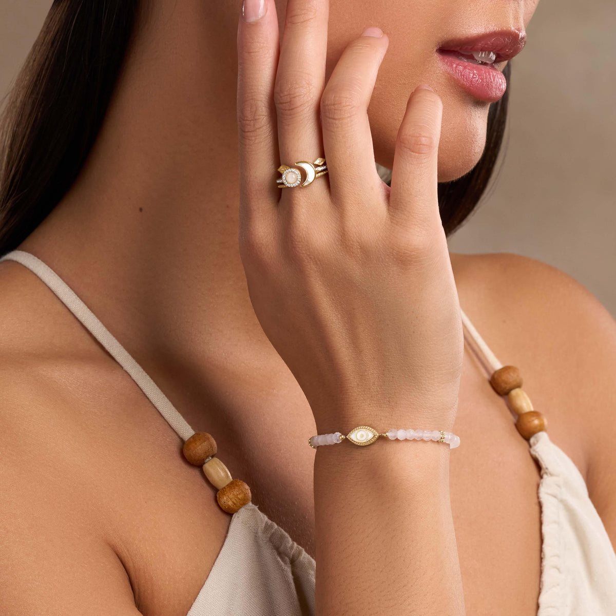 Luminous Harmony Rainbow Moonstone Evil Eye Gold Bracelet