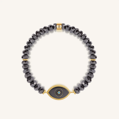 Steady Light Evil Eye Hematite & Aquamarine Gold Bracelet, by Karma and Luck