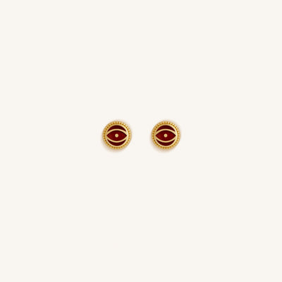 Crimson Shield Garnet January Birthstone Evil Eye Gold Stud Earrings