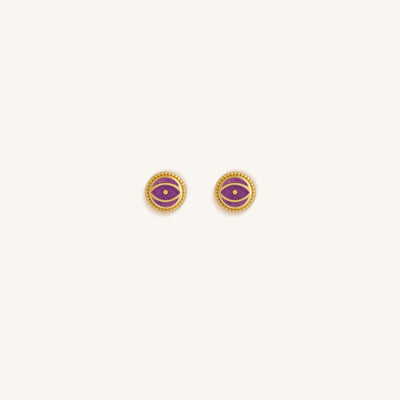 Mystic Guard Amethyst February Birthstone Evil Eye Gold Stud Earrings