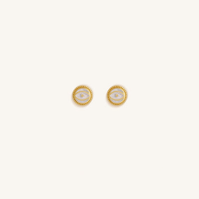 Luminous Shield White Quartz April Birthstone Evil Eye Gold Stud Earrings