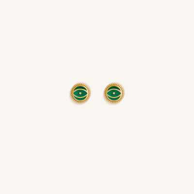 Verdant Guardian Emerald Agate May Birthstone Evil Eye Gold Stud Earrings