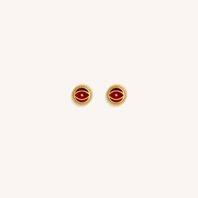 Crimson Guardian Ruby Jade July Birthstone Evil Eye Gold Stud Earrings