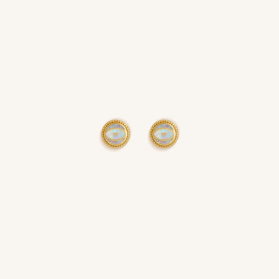 Luminous Shield Opal October Birthstone Evil Eye Gold Stud Earrings