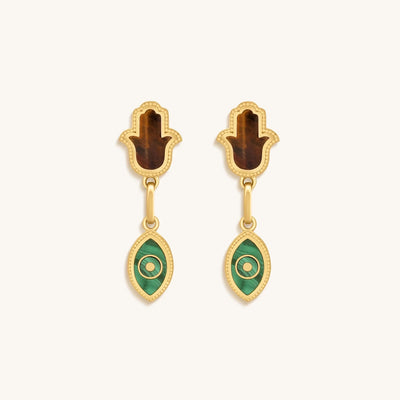 Dreams Secured Tiger’s Eye & Malachite Hamsa & Evil Eye Earrings