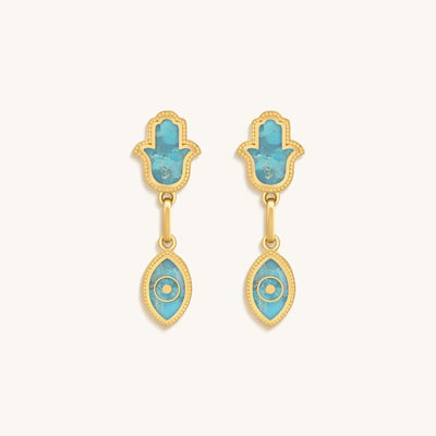 Peaceful Mindset Turquoise Evil Eye & Hamsa Gold Earrings