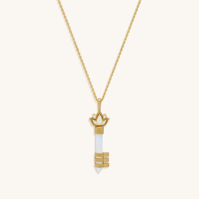 Spiritual Awakening Rainbow Moonstone Key & Lotus Gold Necklace, by Karma and Luck