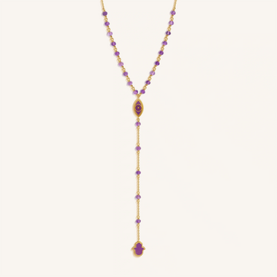 Guardian Spirit Amethyst Hamsa & Evil Eye Gold Necklace, by Karma and Luck