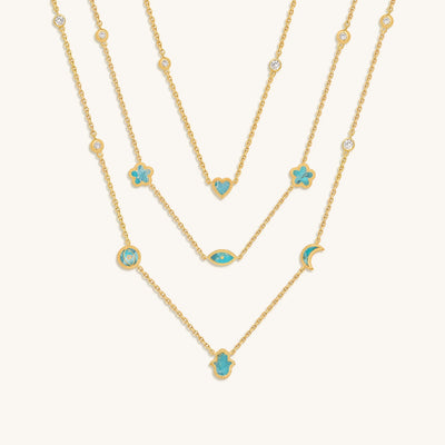 Everlasting Blessings Turquoise Multi-Symbol Gold Layer Necklace, by Karma and Luck