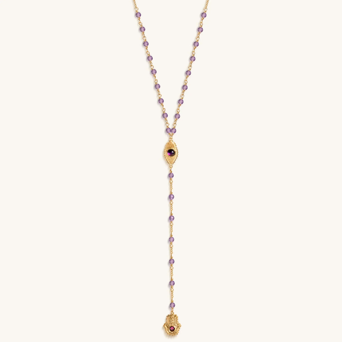 Peace of Spirit Amethyst Evil Eye Hamsa Lariat Necklace