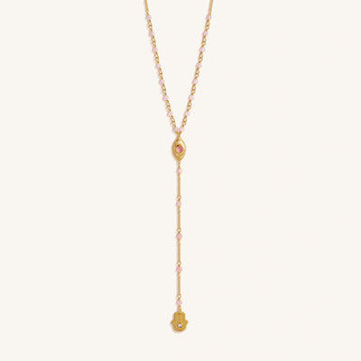 Heart of Serenity Rose Quartz Evil Eye Hamsa Lariat Necklace