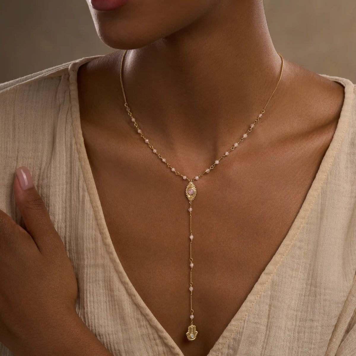 Heart of Serenity Rose Quartz Evil Eye Hamsa Lariat Necklace
