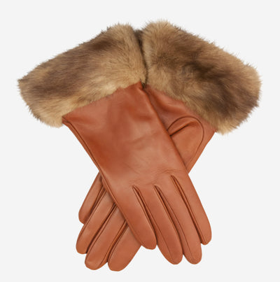 CC4127 (brown) - Women’s Italian cashmere lined 4-button length leather gloves with mink cuff, by Leather Gloves Online