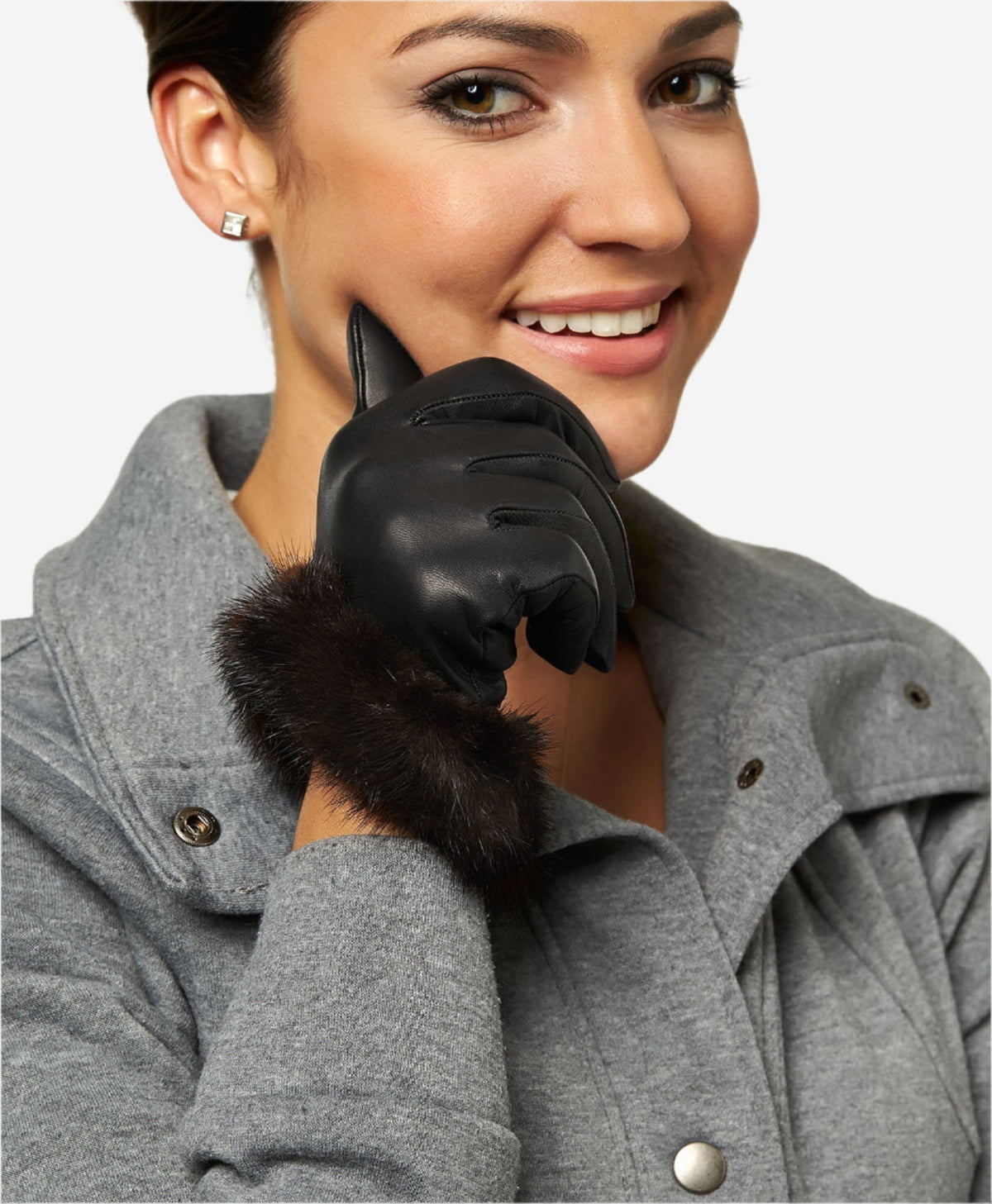 CC4327 (black) - Women’s Italian lambskin winter gloves cashmere lined with rabbit fur cuff