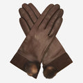CS4033 (brown) - Women's Italian Silk Lined Lambskin Leather Gloves with Mink PomPom 1