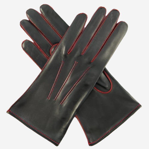 CS4175 (black/red) - Women's Italian Silk Lined Leather Gloves with Contrast Decorative Stitching