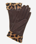 CS4837 (brown) - Women's Italian Silk Lined Lambskin Gloves with Leopard Print Pony Cuff 2