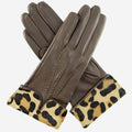 CS4837 (brown) - Women's Italian Silk Lined Lambskin Gloves with Leopard Print Pony Cuff 3