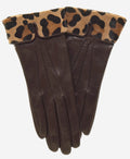 CS4837 (brown) - Women's Italian Silk Lined Lambskin Gloves with Leopard Print Pony Cuff 1
