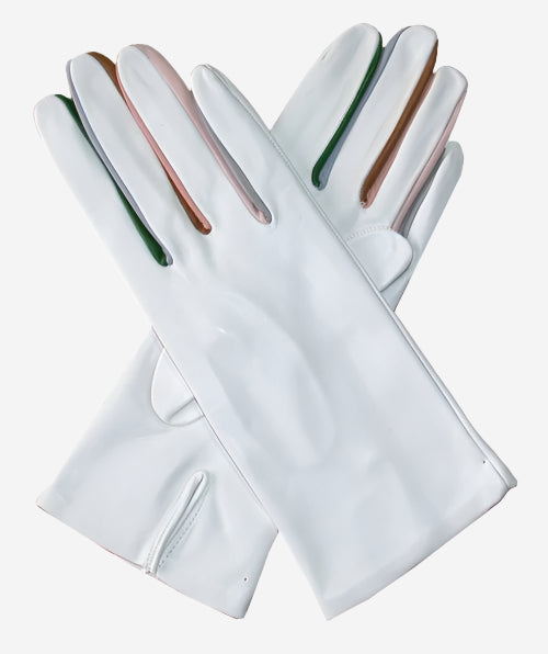 CS4841 (white) - Women's Italian Silk Lined Lambskin Gloves with Colorful Fourchettes