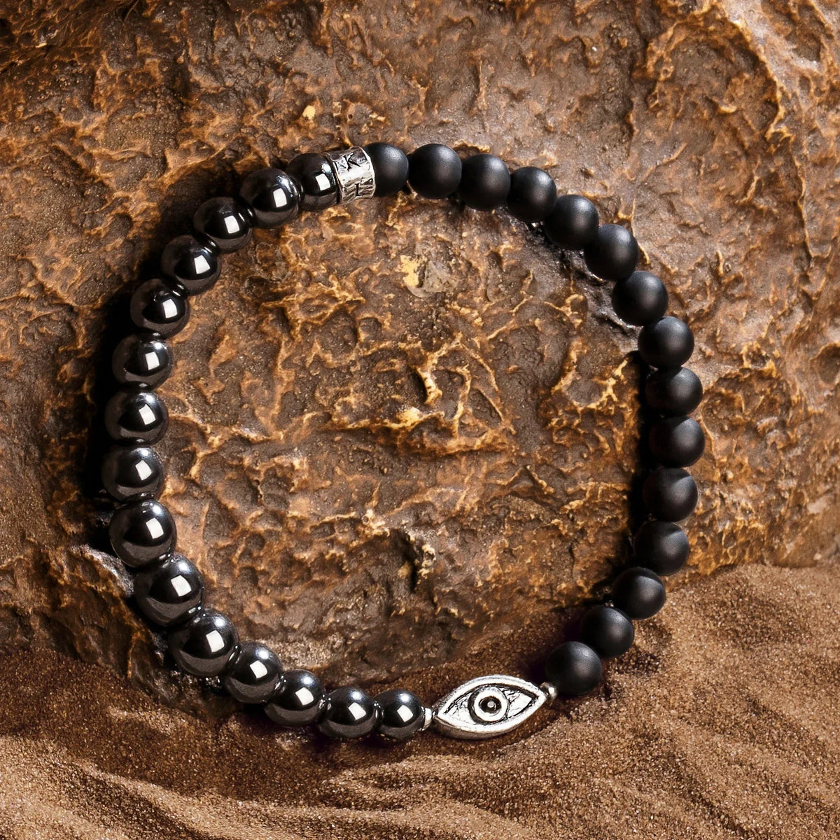 Stay Grounded Hematite Matte Onyx Evil Eye Charm Bracelet