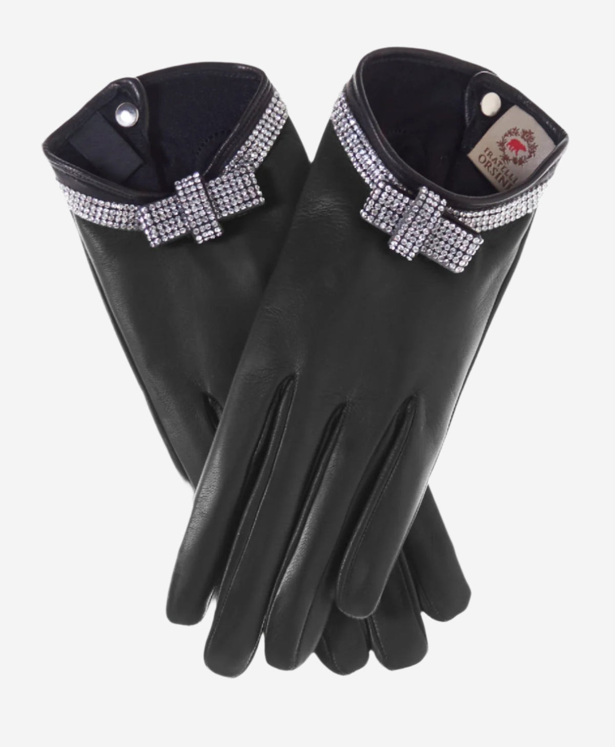 FS4321 (black) - Women's Italian silk lined leather gloves with Swarovski crystal bow