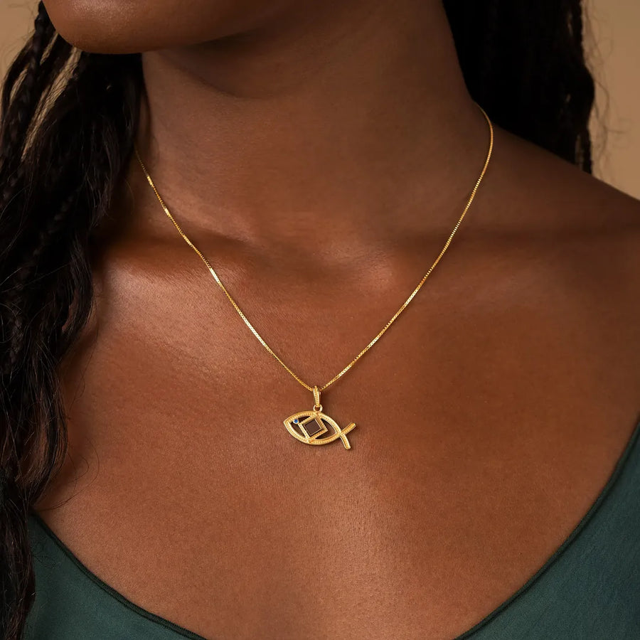 Boundless Wisdom Sapphire Ichthys Bible Nano Chip Necklace