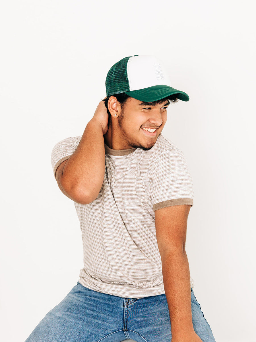 Dark Green & White Letter Trucker Hat
