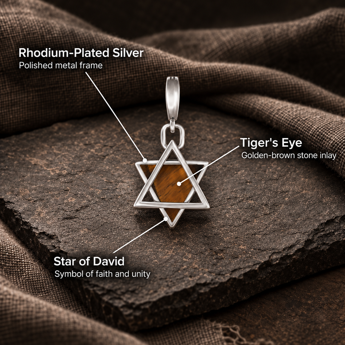 Wise Devotion Silver Tiger’s Eye Star of David Charm