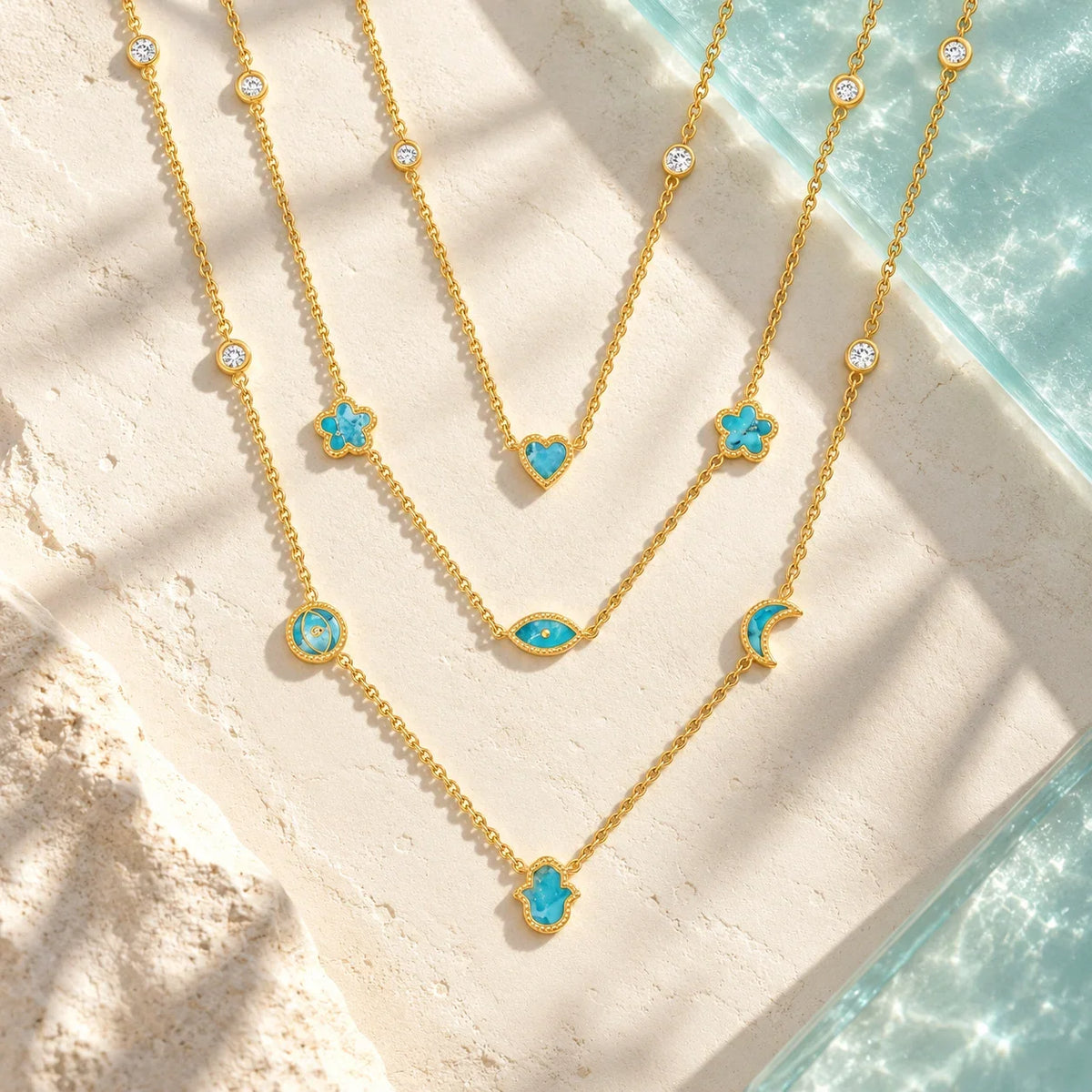 Everlasting Blessings Turquoise Multi-Symbol Gold Layer Necklace